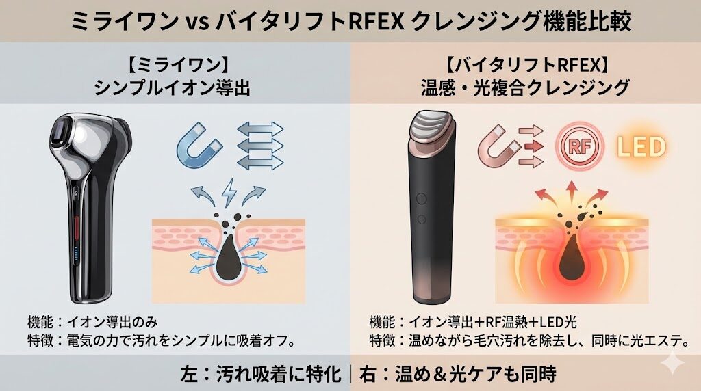 マイトレックスミライワンとパナソニック美顔器　クレンジング機能の違い比較
