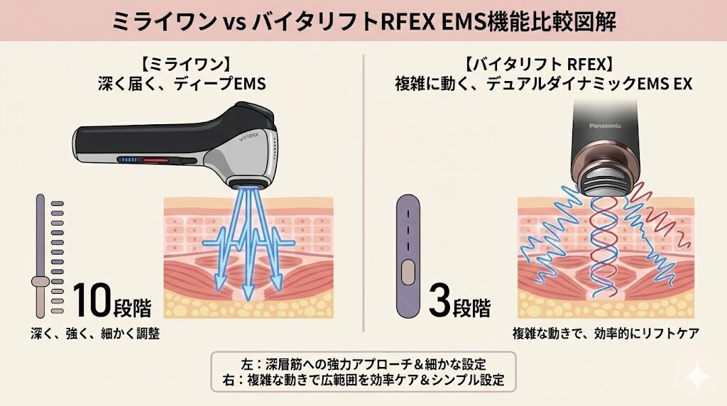 マイトレックスミライワンとパナソニック美顔器　EMSの違い比較