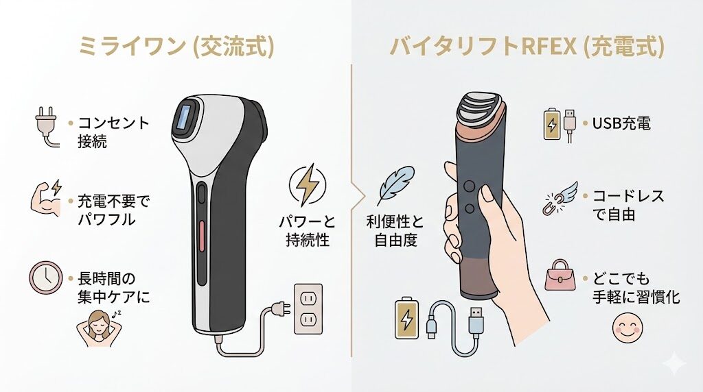 マイトレックスミライワンとパナソニック美顔器　電源の種類の違い比較