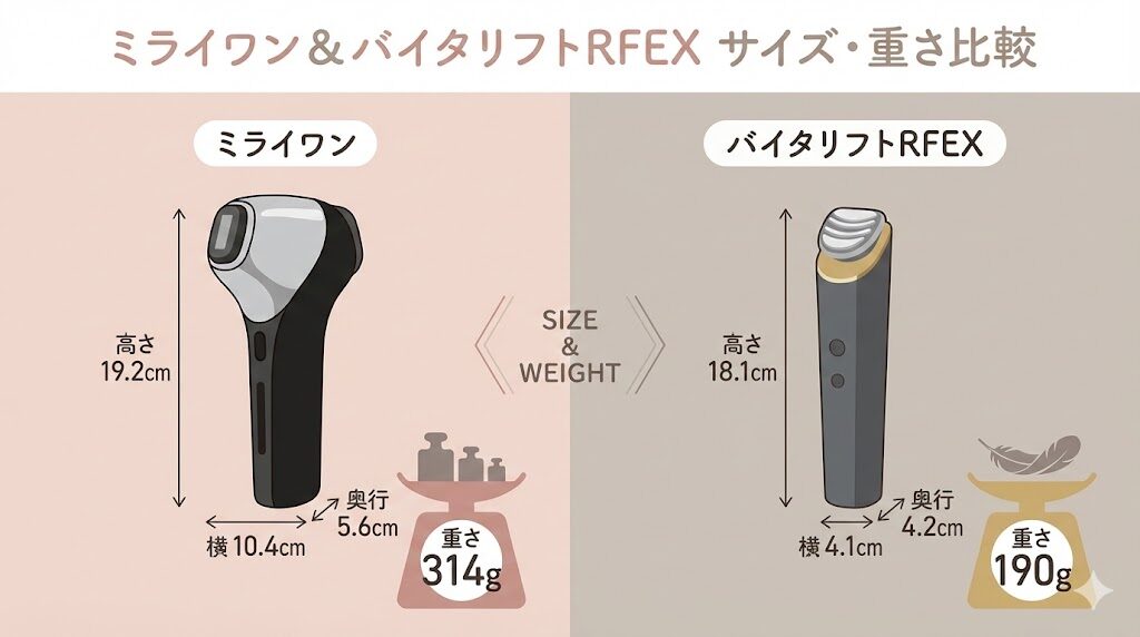 マイトレックスミライワンとパナソニック美顔器　サイズ・重さの違い比較