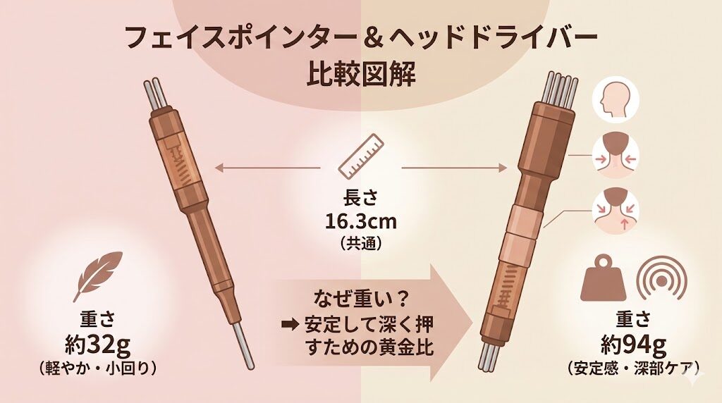 フェイスポインターとヘッドドライバーのサイズ・重さの比較