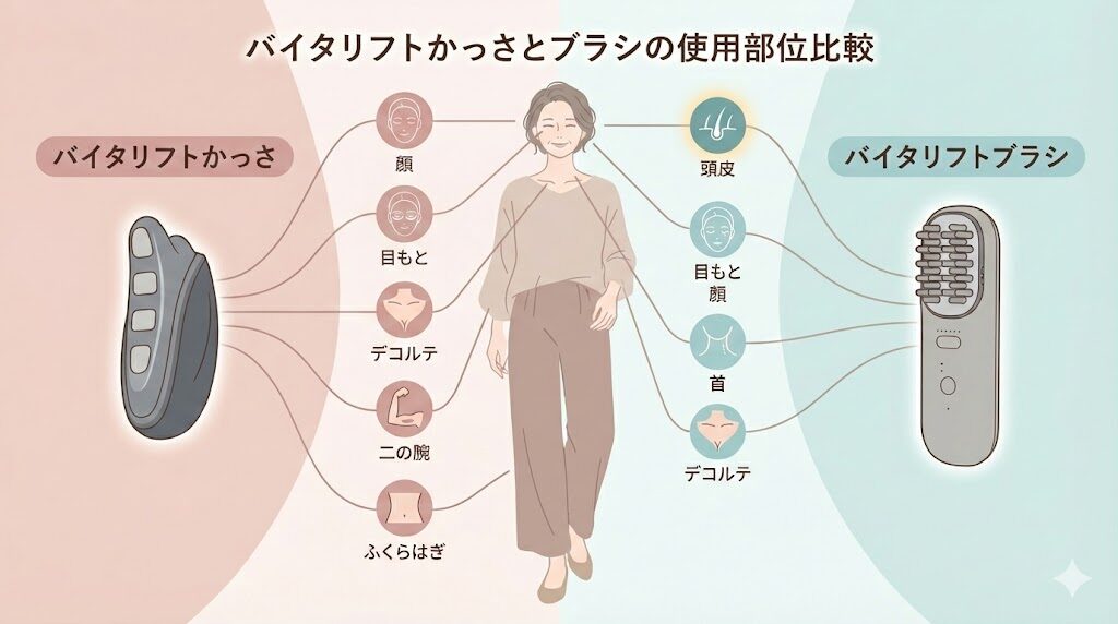 バイタリフトかっさとブラシの使用部位の比較