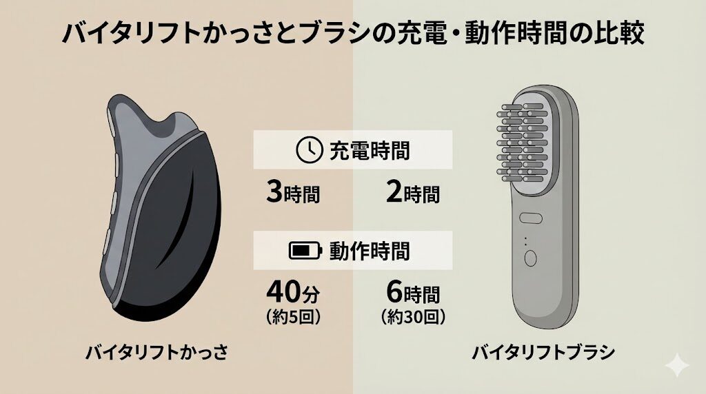 バイタリフトかっさとブラシの充電・動作時間の比較