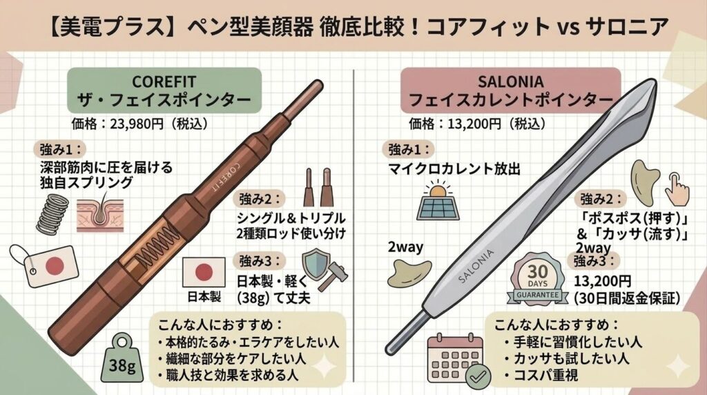 【結論】COREFITフェイスポインターとサロニアポインターどっちがいい？簡単チェック