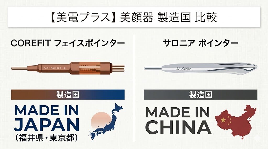 COREFITフェイスポインターとサロニアポインター　製造場所の違い