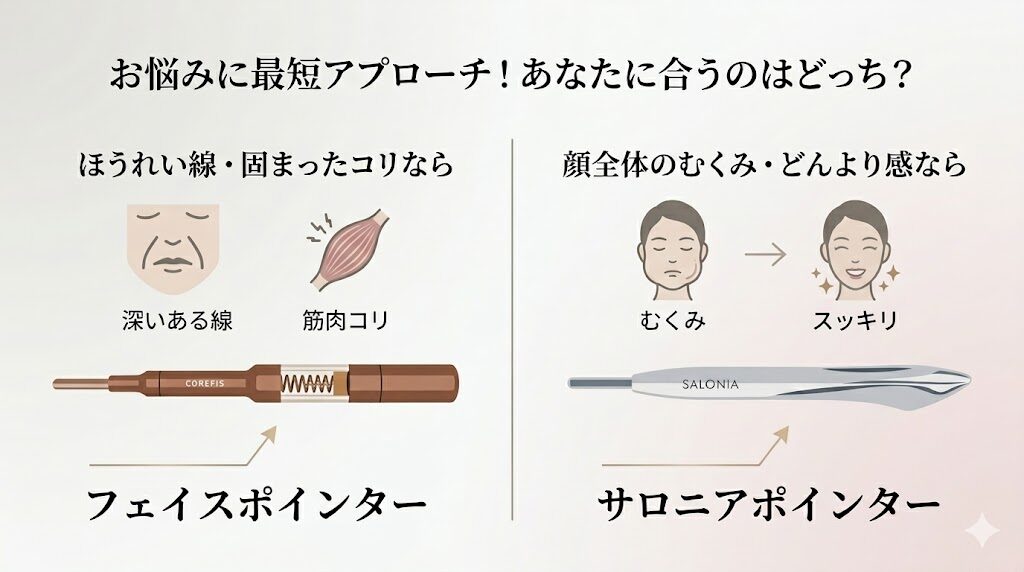 「ほうれい線・固まったコリ」か「顔全体のむくみ・どんより感」か。あなたのお悩みに最短で届くのはどっち？