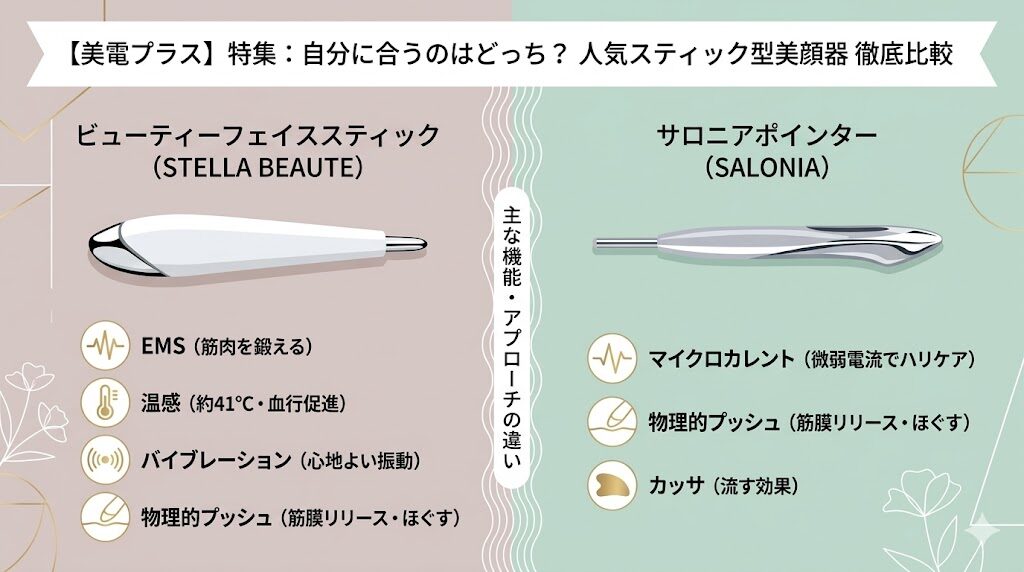 ビューティーフェイススティックとサロニアポインターの比較　主な機能・アプローチ