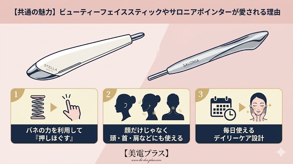 【共通の魅力】ビューティーフェイススティックやサロニアポインターが愛される理由