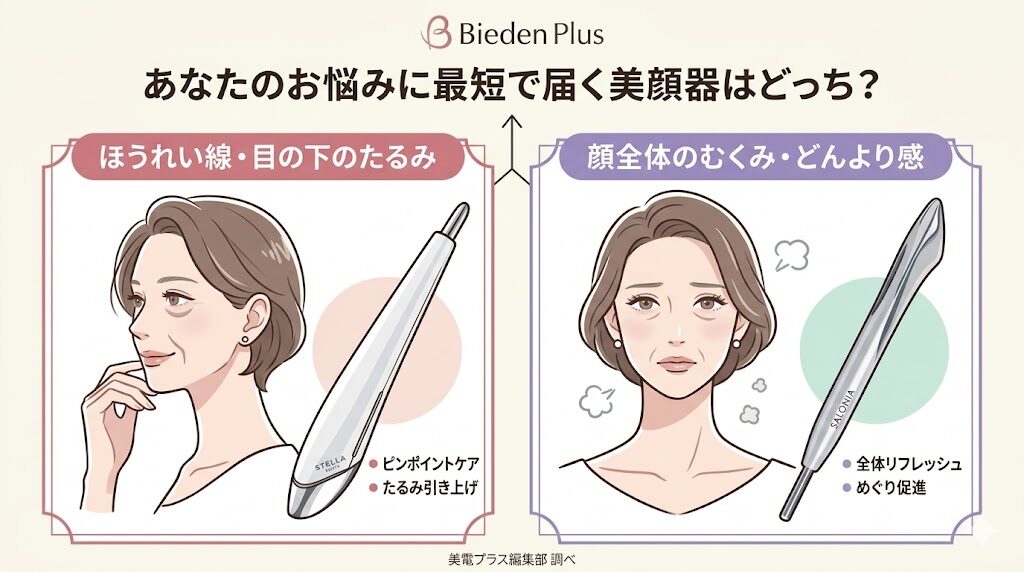 「ほうれい線・目の下のたるみ」か「顔全体のむくみ・どんより感」か。あなたのお悩みに最短で届くのはどっち？